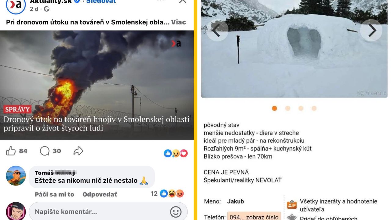 Ohnivý mrak z dronového útoku a humorný inzerát na predaj iglu s dierou v streche.