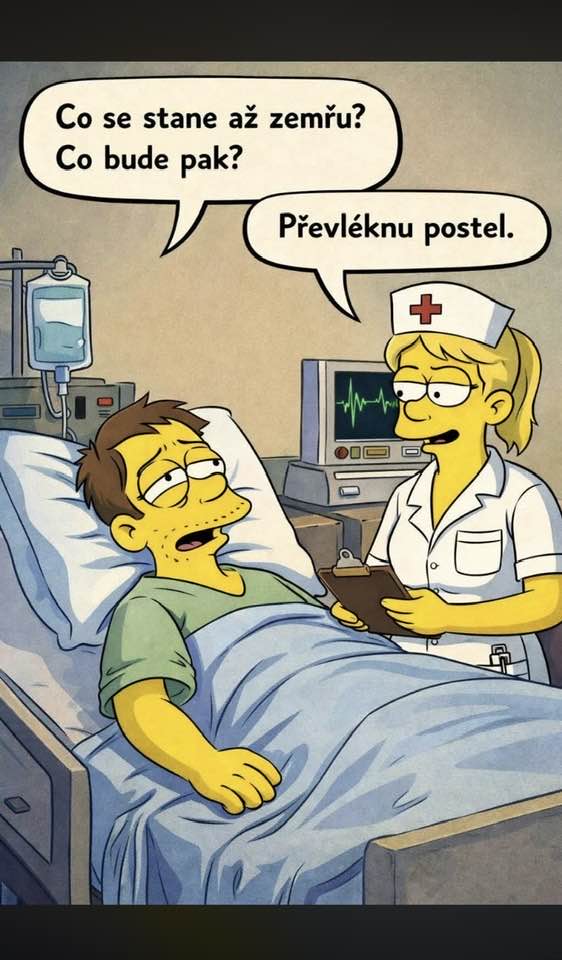 Pacient v nemocničnej posteli sa pýta na smrť, sestra vtipne odpovedá o výmene posteľnej bielizne.