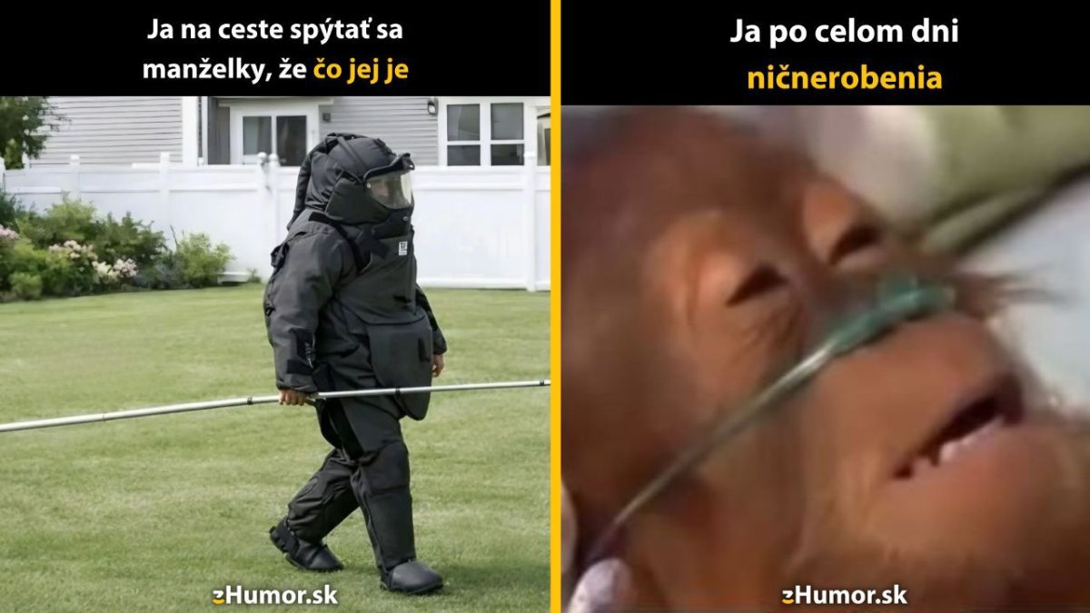 Muž v ochrannom obleku a opica relaxujúca po dni oddychu, vtipný kontrast na tému manželskej komunikácie.
