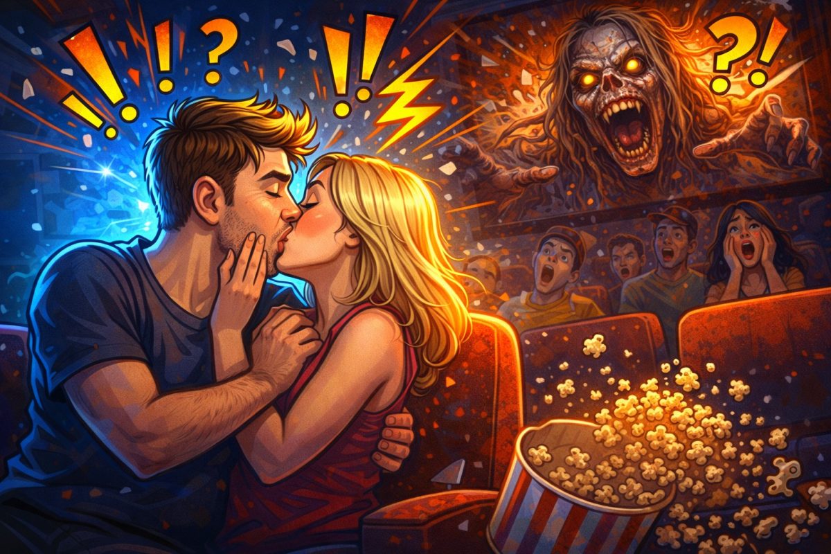 Pár sa bozkáva v kine, prekvapený reakciou divákov pri horore; popcorn rozliaty na sedačke.