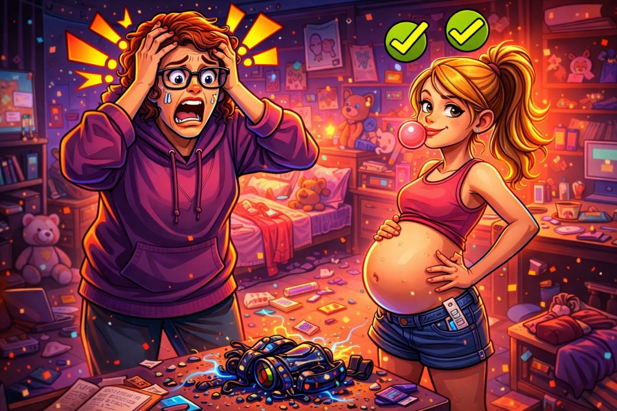 Dve ženy v neporiadnej izbe, jedna vystrašená, druhá tehotná s úsmevom. Kľúčové momenty a odkazy na chaos.