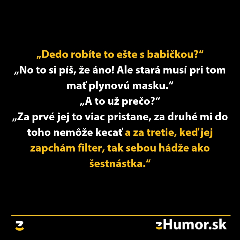 Vtipný textový citát o vtipnej situácii medzi dedom a babičkou na čiernom pozadí z eHumor.sk.