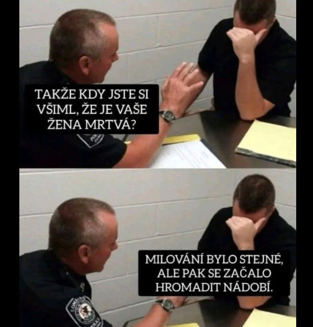 Policajt v výsluchovej miestnosti hovorí s mužom, ktorý si zakrýva tvár. Text obsahuje vtip o domácich prácach.