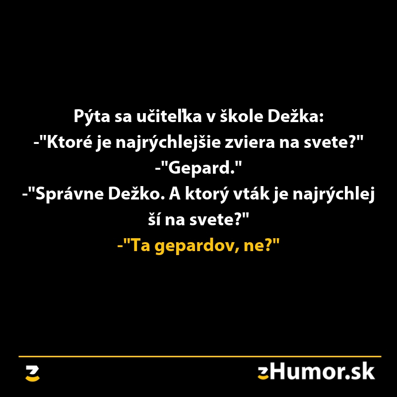 Učiteľka a Dežko diskutujú o najrýchlejších zvieratách, Dežko s úsmevom pletie vtáka s gepardom.