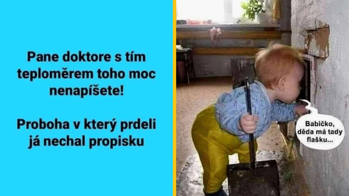 Dieťa sa pozerá do otvoru v stene a nachádza tam skrytú fľašu, s humorným textom.