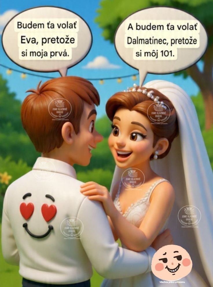 Animovaný pár pri svadobnom tanci s vtipnými bublinami reflektujúcimi ich myšlienky o prezývkach.
