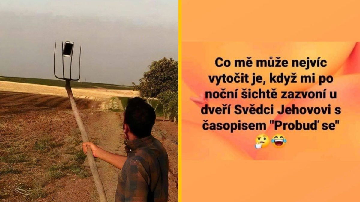 Muž vonku selfie vidlami, text: Co mě nejvic vytočí... Svědci Jehovovi po noční šichte (smajlík, smiech).