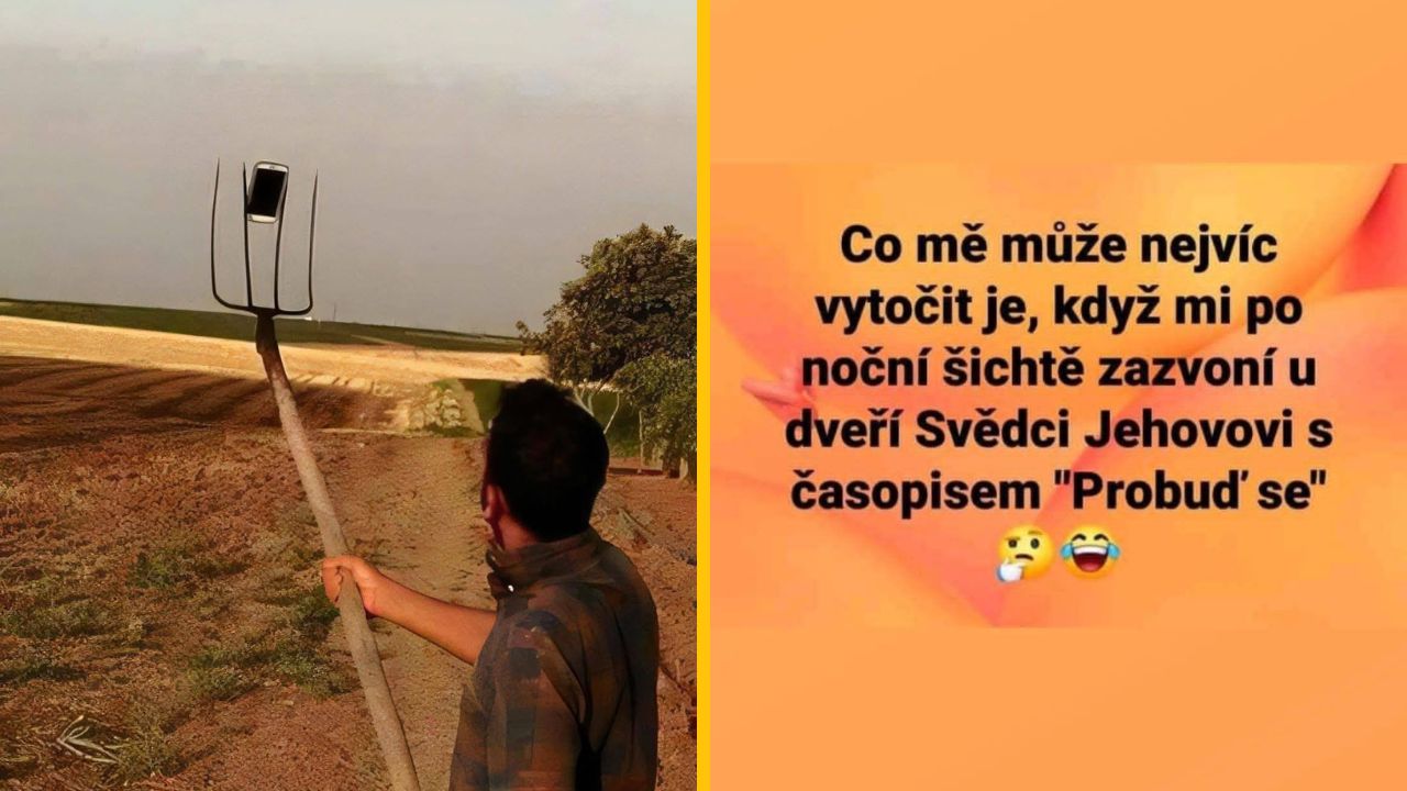 Muž vonku selfie vidlami, text: Co mě nejvic vytočí... Svědci Jehovovi po noční šichte (smajlík, smiech).