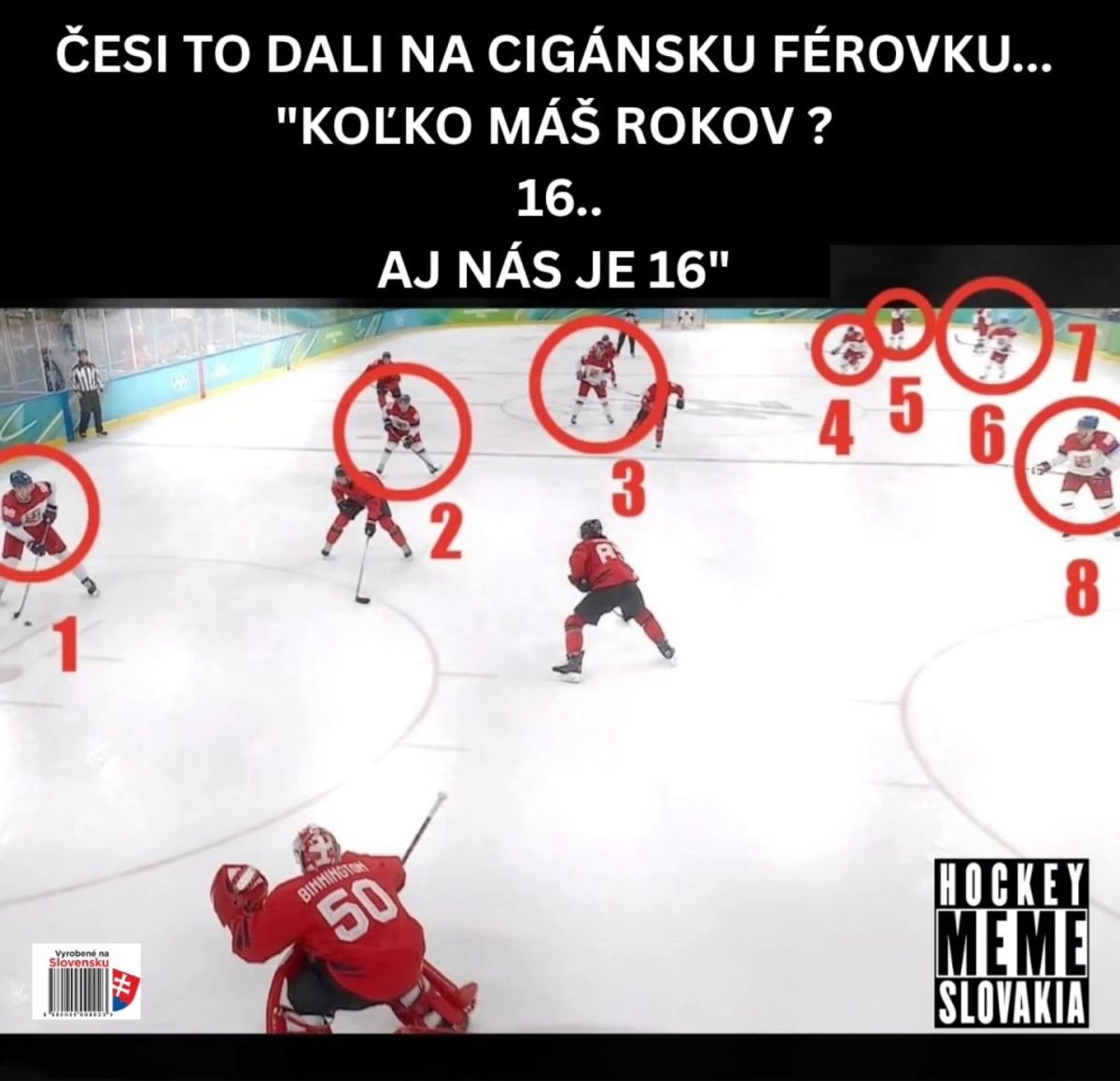Meme hokejového zápasu: Českí hráči vtipne nadpočetní proti červenému tímu.