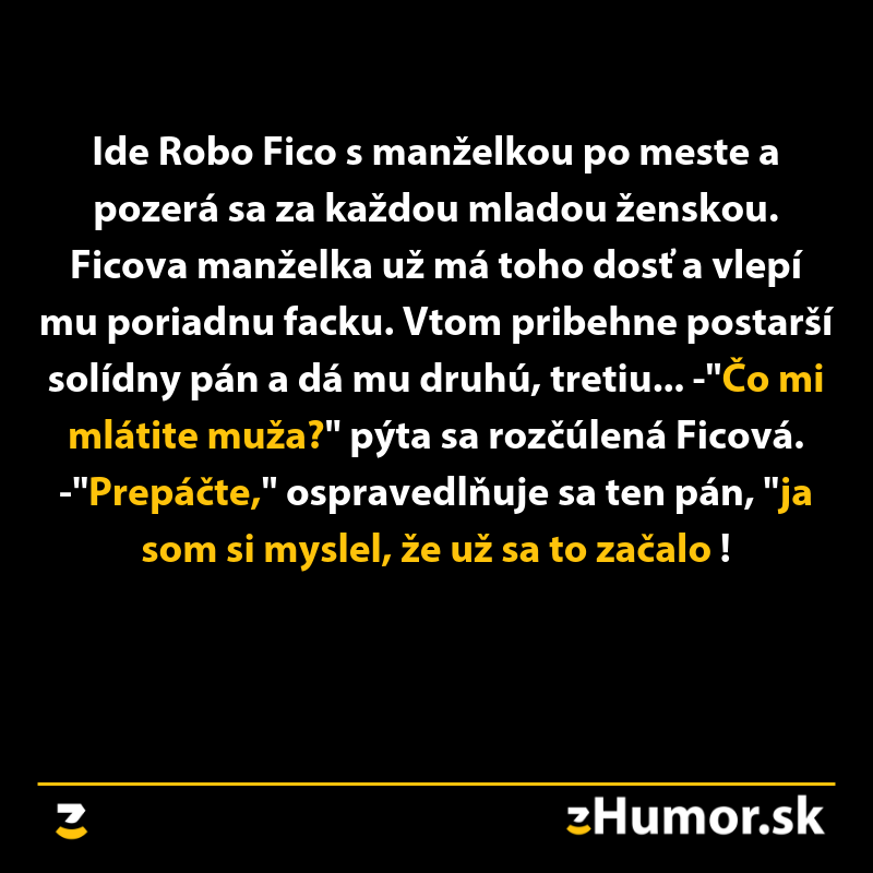 Vtipný obrázok s textom: Muž dostáva facky od manželky a staršieho pána, zatiaľ čo pani reaguje s prekvapením.