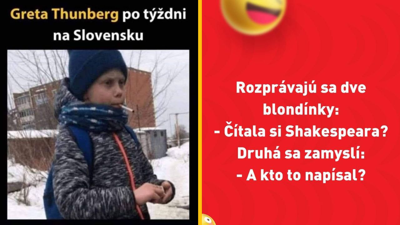 Dieťa v zimnom oblečení so slovenským vtipom o Shakespearovi a blondínkach.