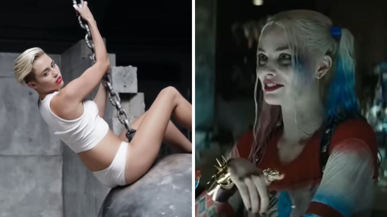 Osoba na demolačnej guli a žena v kostýme z filmu, vedľa seba v rozdelenom obrázku.