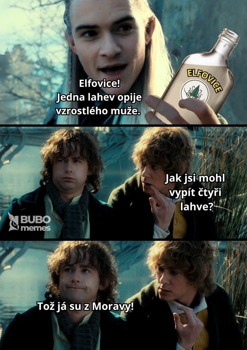 Elf a dva postavy diskutujú o alkohole menom ElfoVice s humorným textom a odkazom na Moravu.