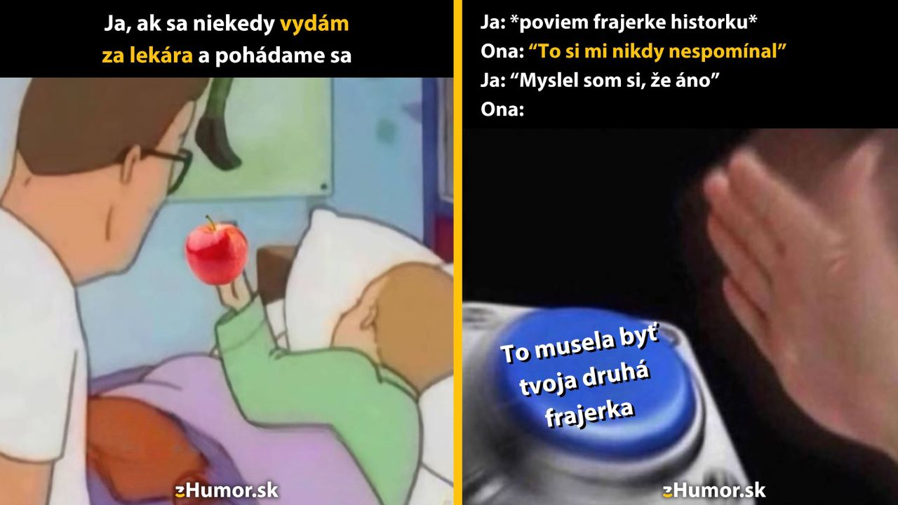 Meme o manželskej hádke s lekárom a vtipné výhovorky v partnerskom vzťahu.