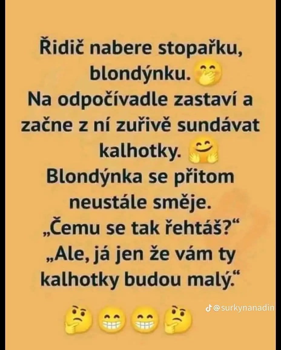 Obrázok so slovným vtipom o vodičovi, stopárke blondínke a nečakanom vtipnom situácii s oblečením.