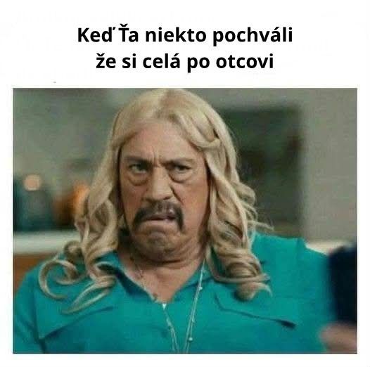 Osoba s grimasou a blond parochňou sa tvári znechutene. Text: Keď Ťa niekto pochváli, že si celá po otcovi.