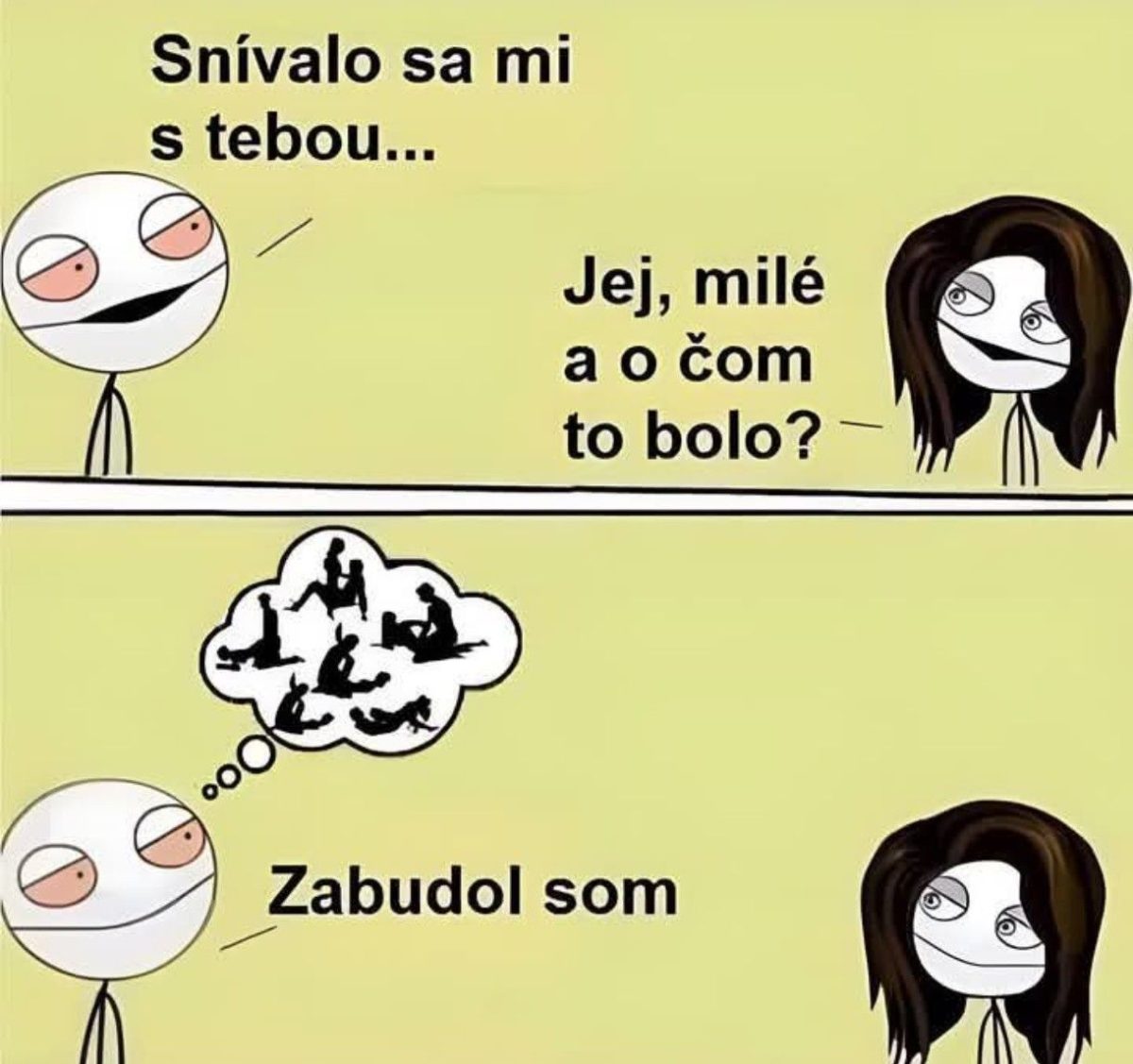 Komiks s vtipným rozhovorom o sne: postava tvrdí, že sen zabudla, zatiaľ čo premýšľa o zmotaných spomienkach.
