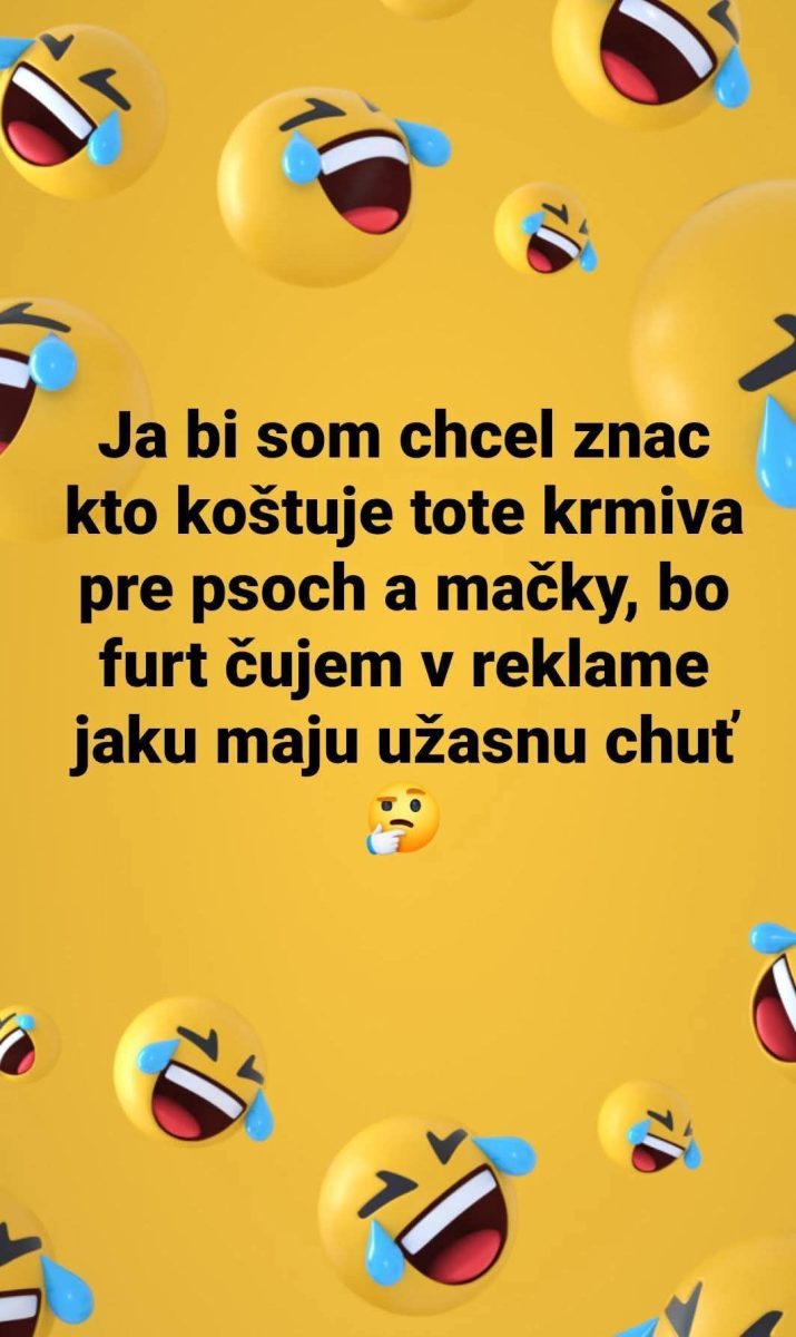 Žlté emotikony smejúce sa so slzami na žltom pozadí s vtipným textom o krmivách pre zvieratá.