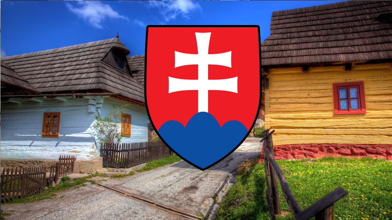 Slovenská dedinská architektúra s erbom Slovenska v popredí, tradičné drevené domy.