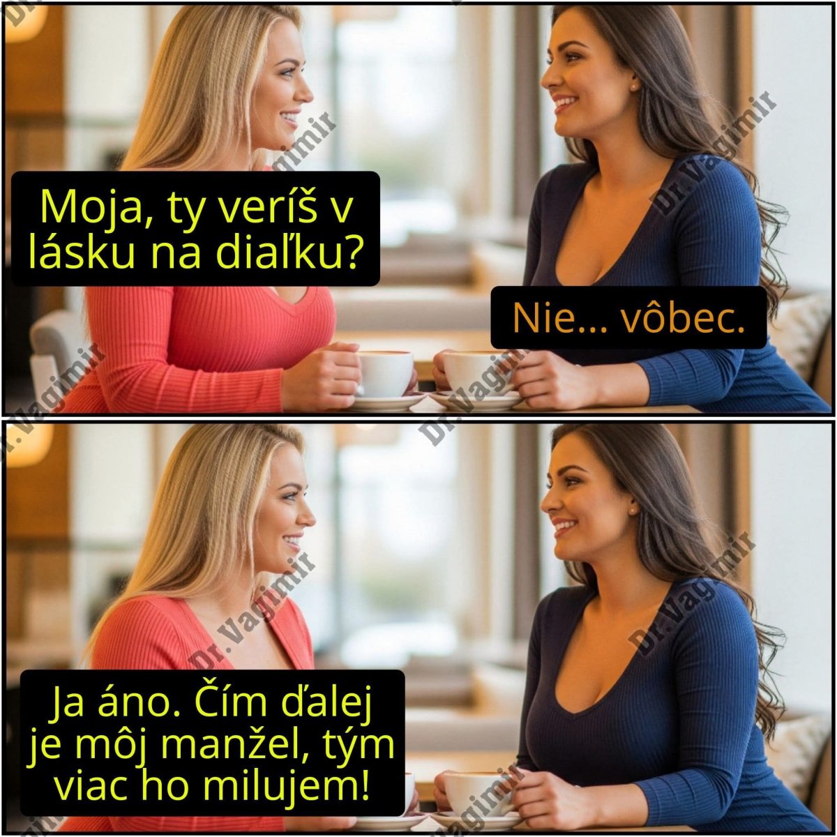 Dve ženy pri káve diskutujú o láske na diaľku v kaviarni. Každá má na to iný názor.