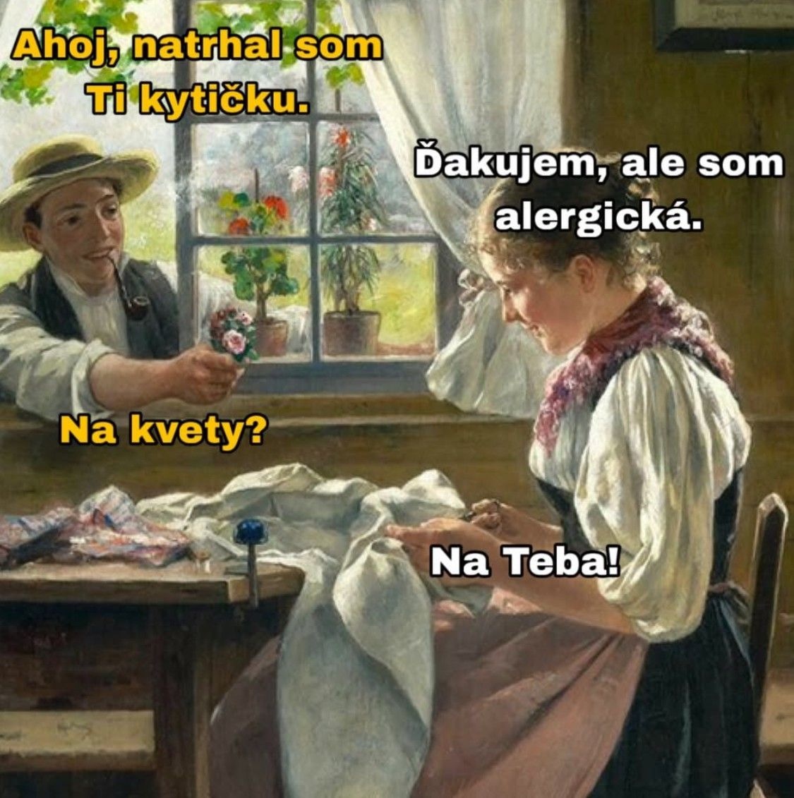 Mladík ponúka dievčaťu kyticu, ona odmieta s úsmevom a hovorí, že je alergická na neho.