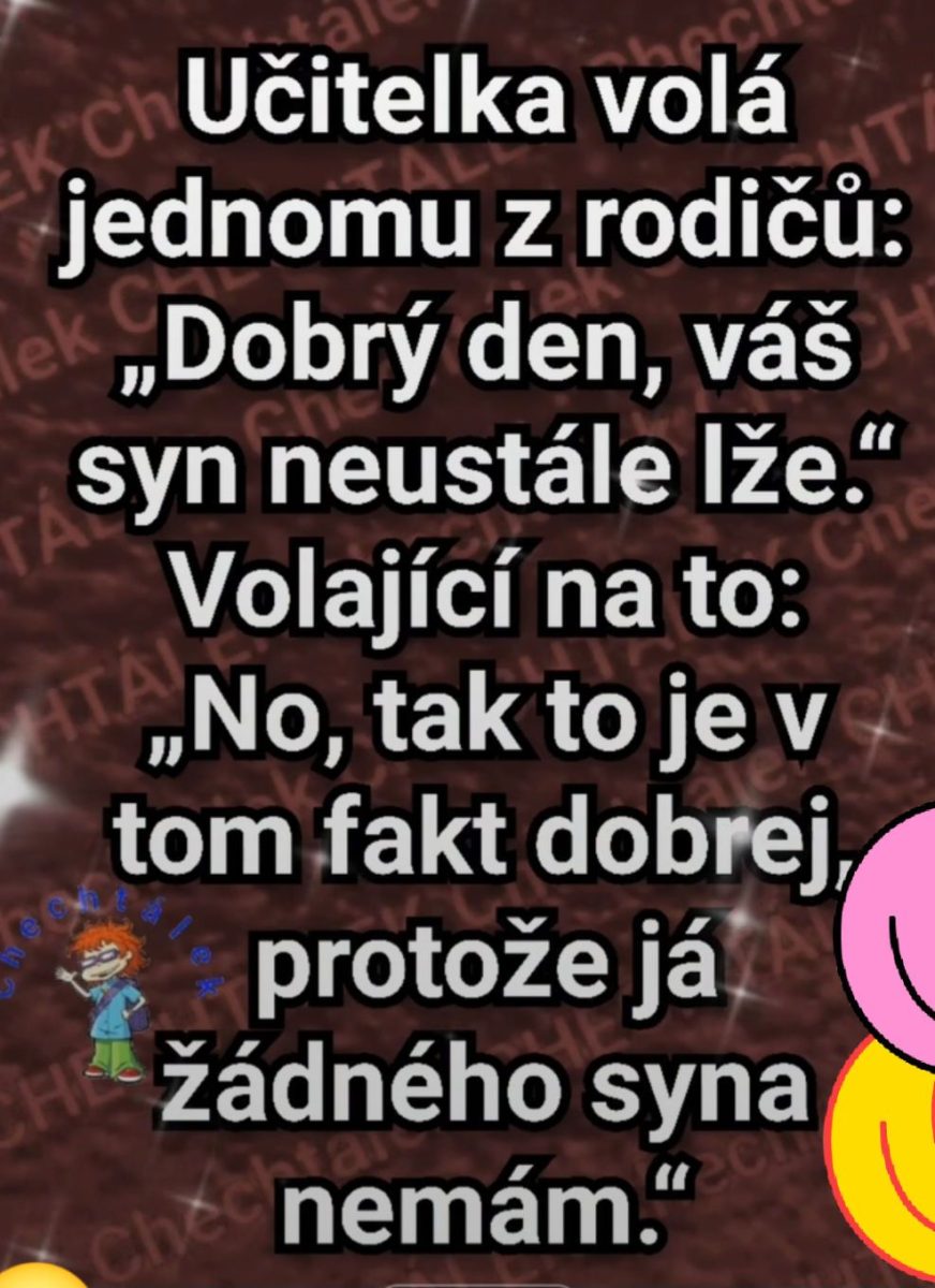 Vtipný obrázok: Učiteľka sa sťažuje rodičovi na syna, ale rodič žiadneho syna nemá.
