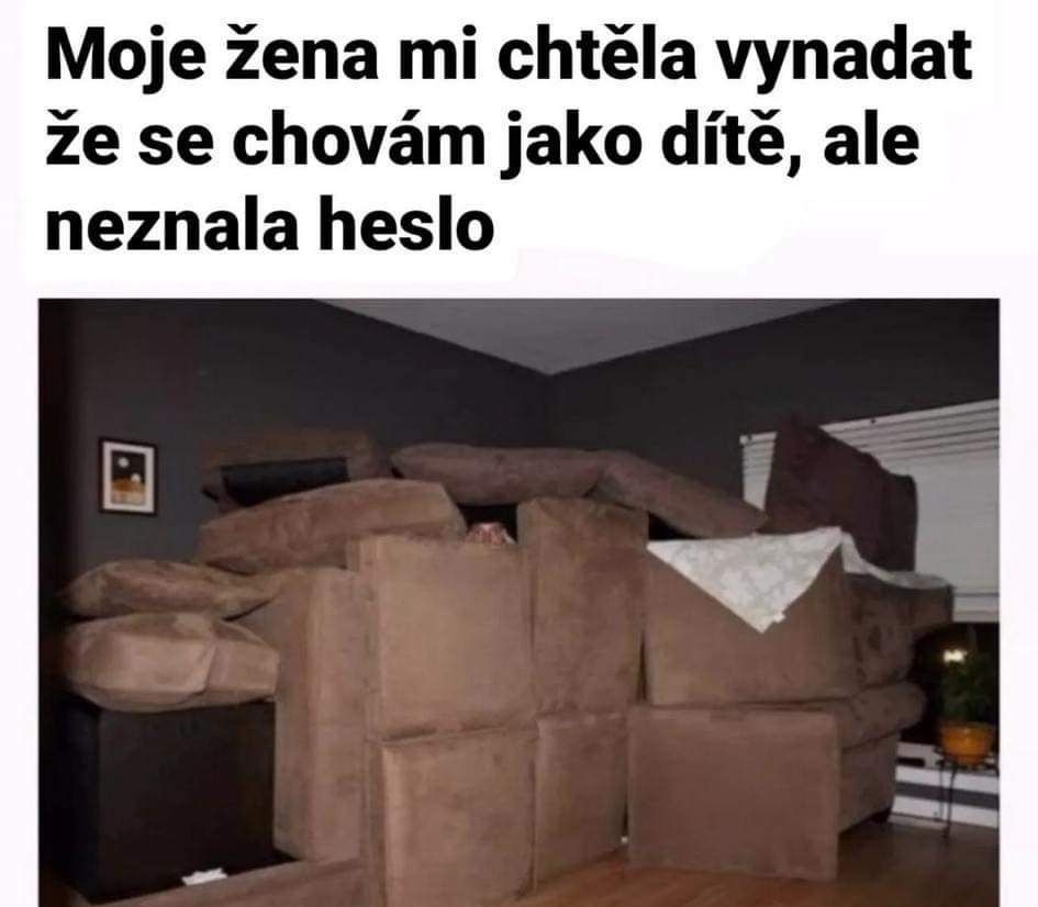 Muž postavil pevnosť z gauča v obývačke, text hovorí o správaní ako dieťa a nezverejnení hesla.