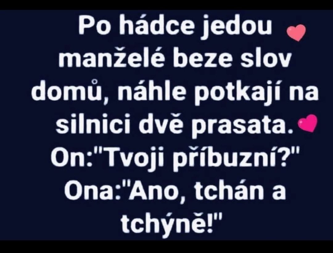 Vtip o manželskej hádke a stretnutí s prasaťmi na ceste, kde muž komentuje svokrovcov.