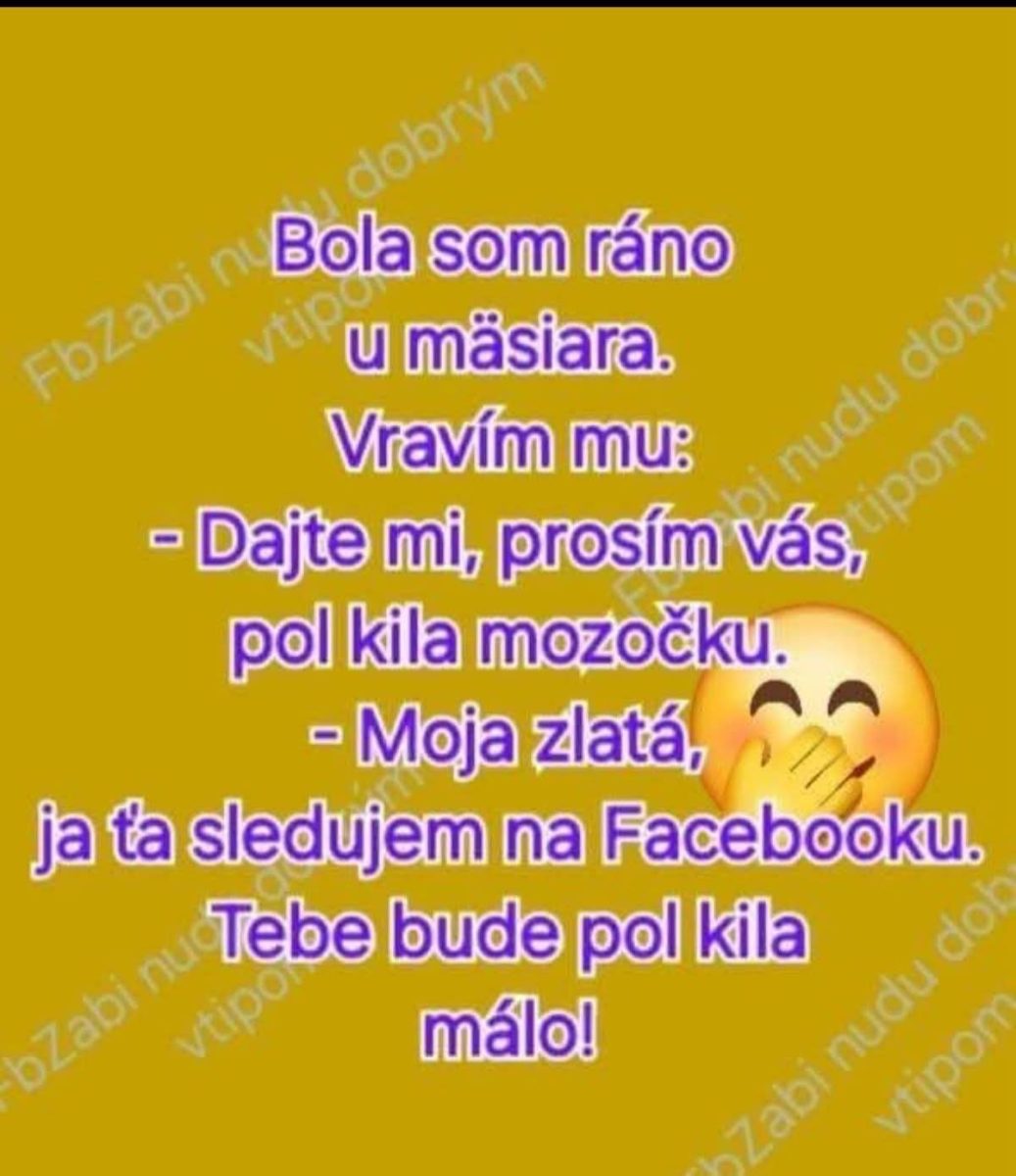 Vtipný text o mäsiarovi na Facebooku s emodži, žlté pozadie s fialovým písmom.