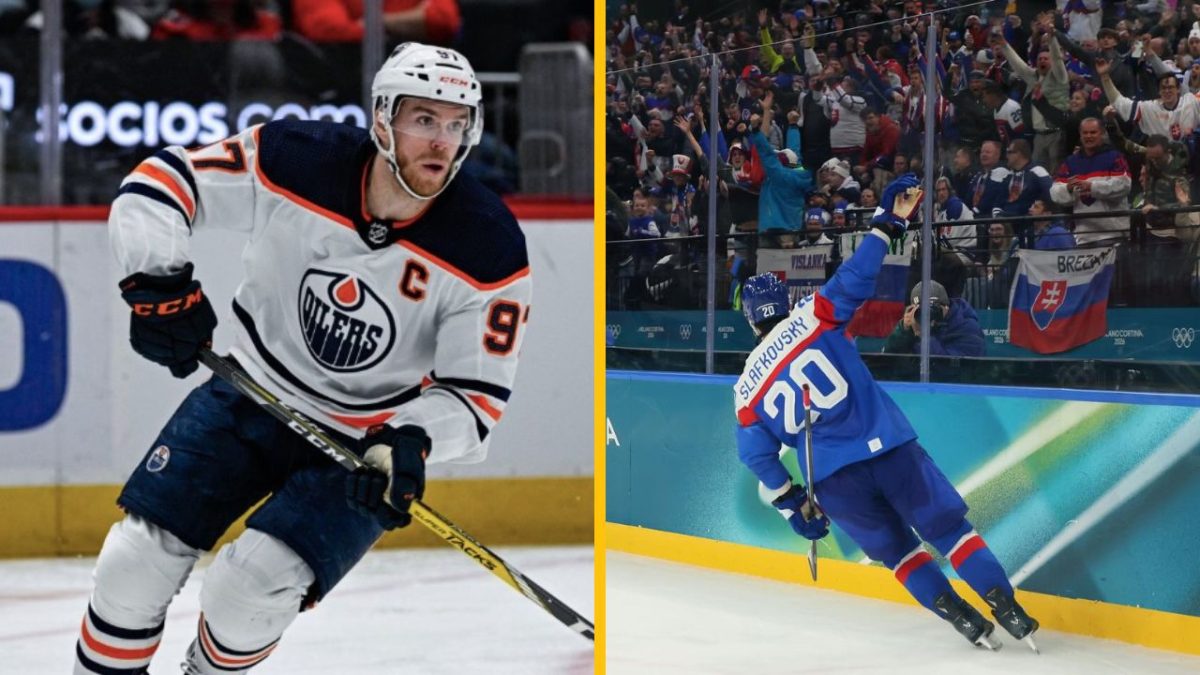 Hokejisti v akcii: hráč v drese Oilers s pukom a slovenský hráč oslavuje gól pred fanúšikmi na tribúne.