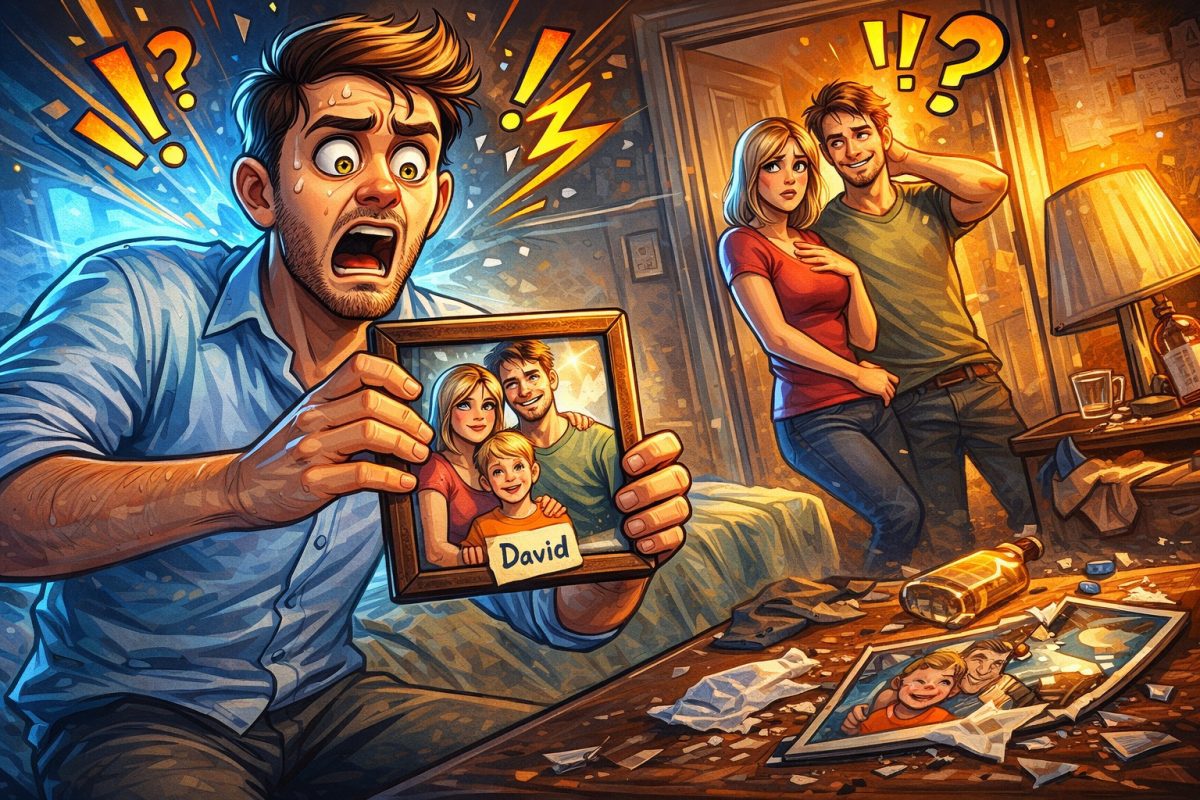 Muž šokovaný rodinnou fotkou s nápisom David, žena a muž prekvapení v pozadí, nevysvetliteľná situácia.