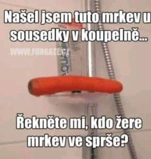 Obrázok zobrazuje mrkvu v sprche s textom: Našiel som túto mrkvu u susedky v kúpeľni... Kto je mrkvu v sprche?