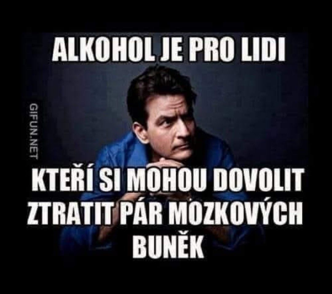 Muž zamyslene pózuje s textom o ľuďoch a alkohole, doplnené o ironický komentár o mozgových bunkách.