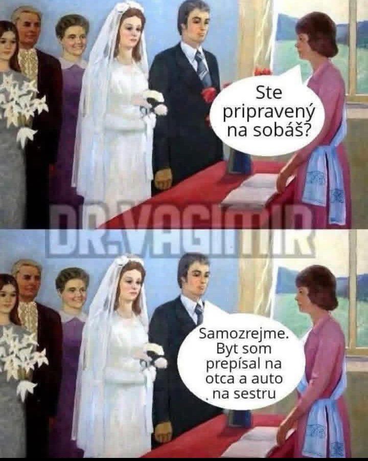 Nevesta a ženích pri svadobnom obrade so žartovnými bublinovými dialógmi o príprave na sobáš.