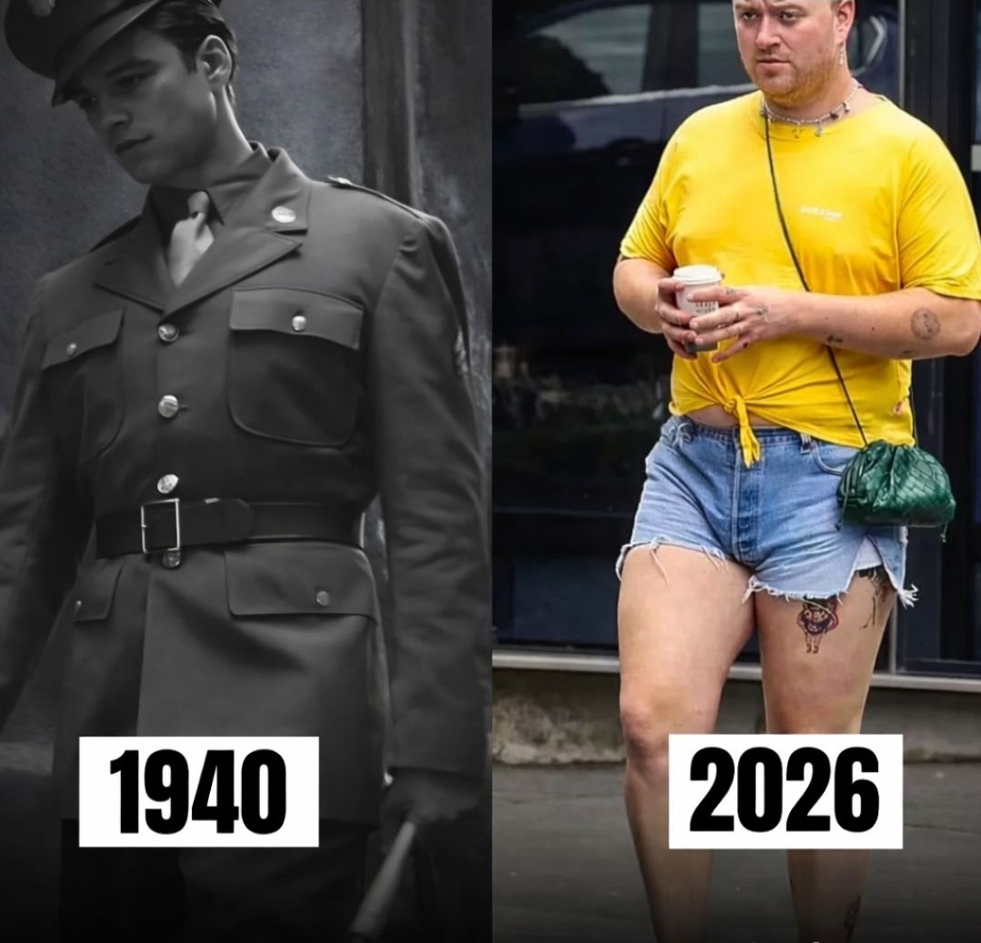 Porovnanie módy: Vojak v uniforme z roku 1940 a moderný muž v žltenom tričku a šortkách v roku 2026.