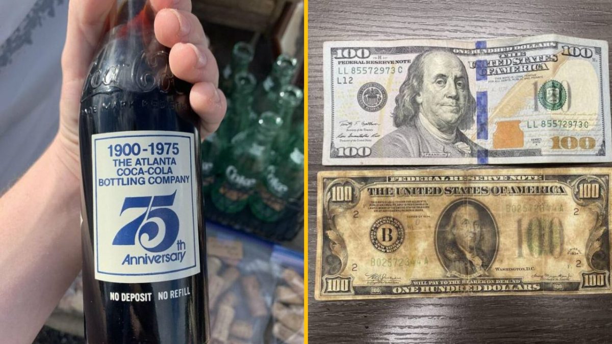 Staré a nové sto dolárové bankovky vedľa fľaše Coca-Cola z 75. výročia v Atlante.