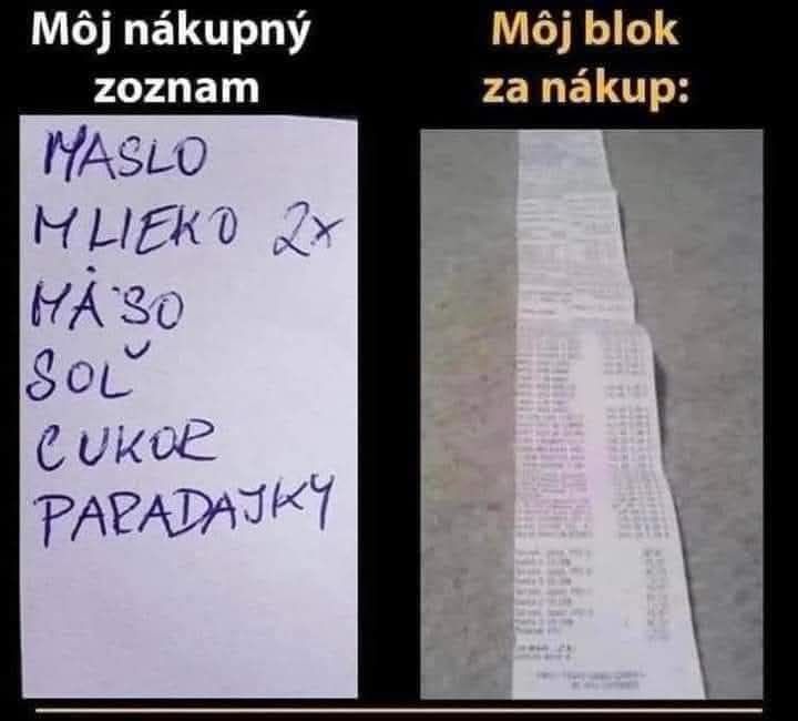 Nákupný zoznam vs bloček; stručný zoznam a dlhý účet.Zoznam obsahuje maslo, mlieko, mäso, soľ, cukor, paradajky.