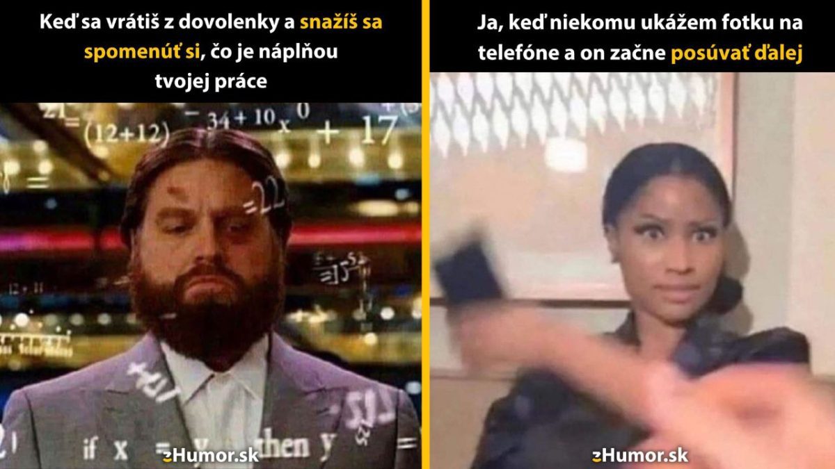Muž s matematickými vzorcami, žena s prekvapeným výrazom. Text: Návrat z dovolenky a ukázanie fotky, ktorá privádza do