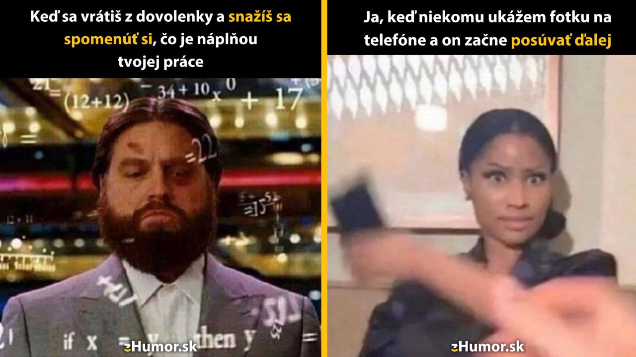 Muž s matematickými vzorcami, žena s prekvapeným výrazom. Text: Návrat z dovolenky a ukázanie fotky, ktorá privádza do