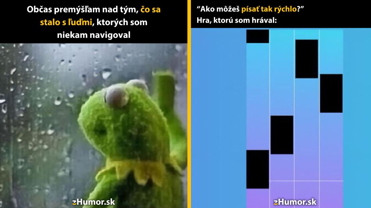 Žaba hľadí von oknom s dažďovými kvapkami; vedľa hra so stúpajúcimi čiernymi dlaždicami na modrom pozadí.