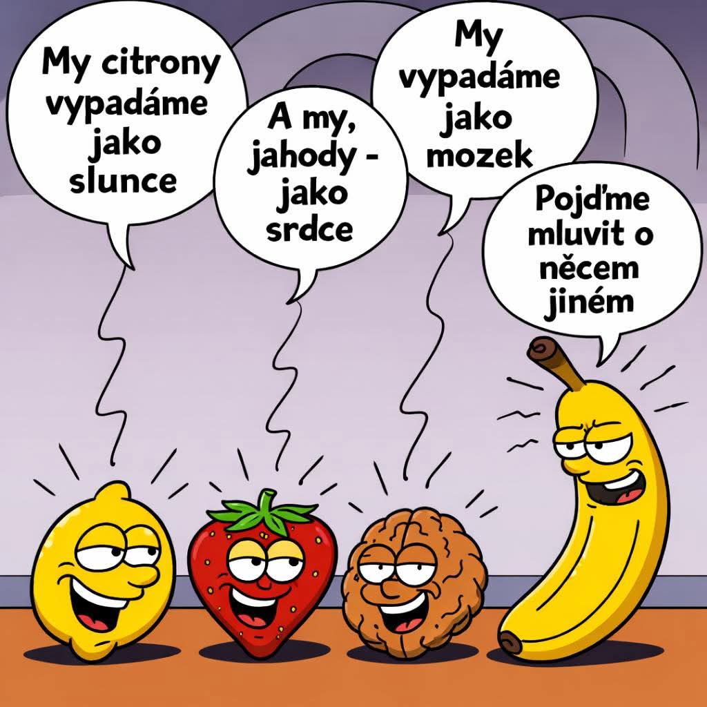 Citrón, jahoda a mozog diskutujú, zatiaľ čo banán navrhuje zmenu témy. Veselá ilustrácia hovoriaceho ovocia.