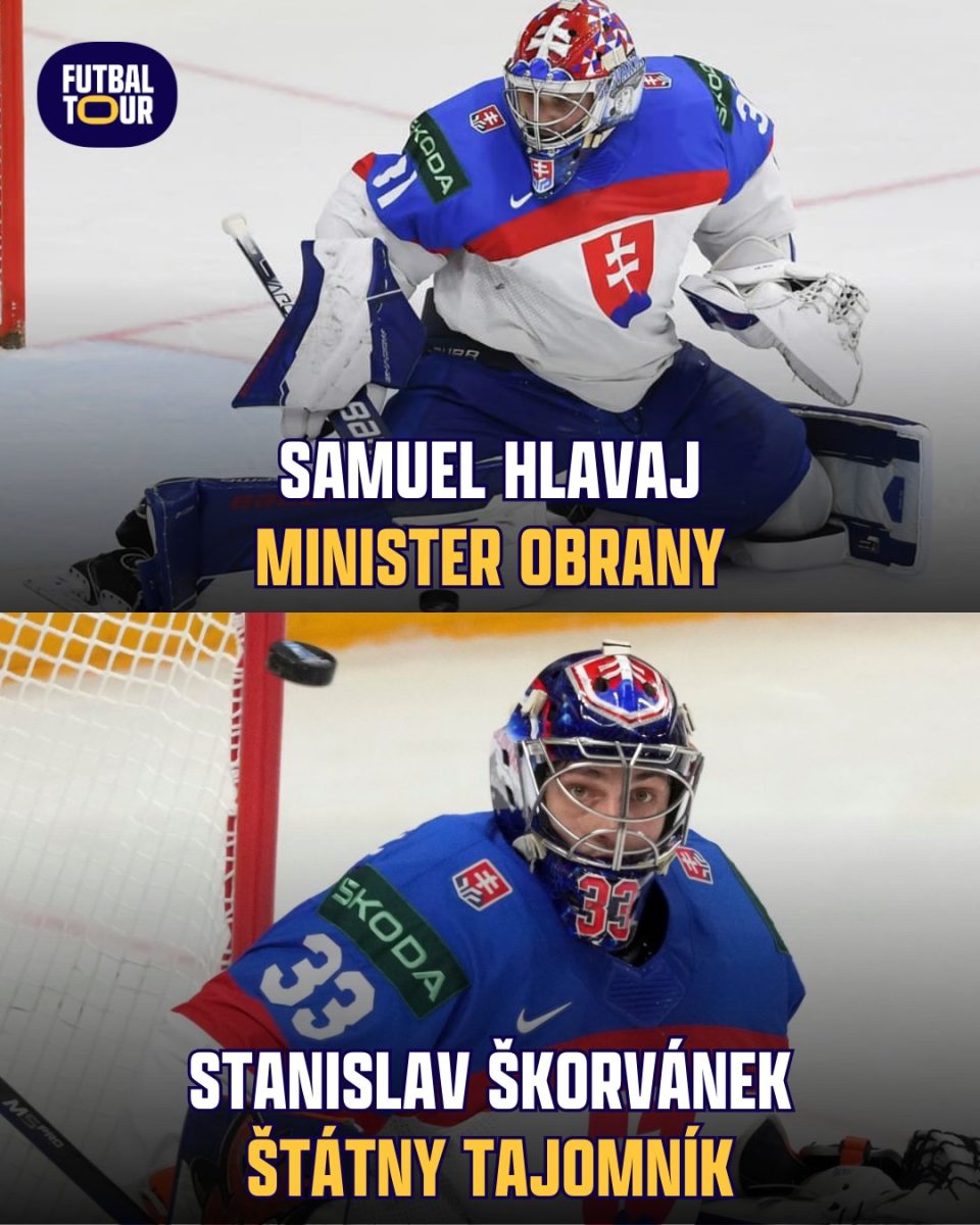 Dvaja hokejoví brankári v slovenských dresoch počas zápasu, text: Minister obrany a Štátny tajomník.