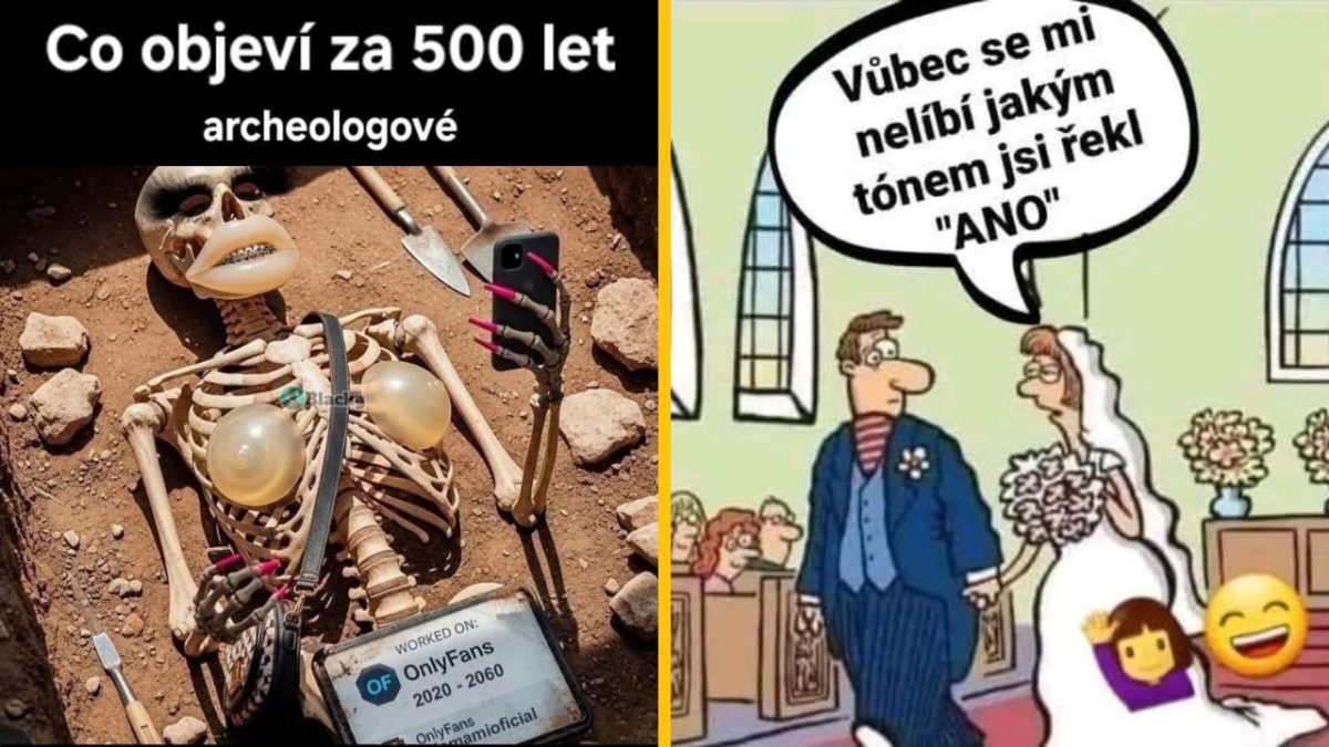 Kostra so smartfónom a tabuľkou OnlyFans, vedľa komiks so svadobným párom a nevesta nespokojná s tónom odpovede.