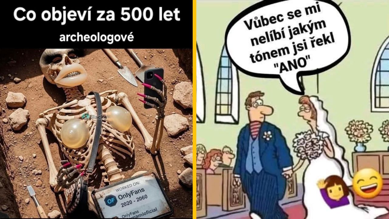 Kostra so smartfónom a tabuľkou OnlyFans, vedľa komiks so svadobným párom a nevesta nespokojná s tónom odpovede.