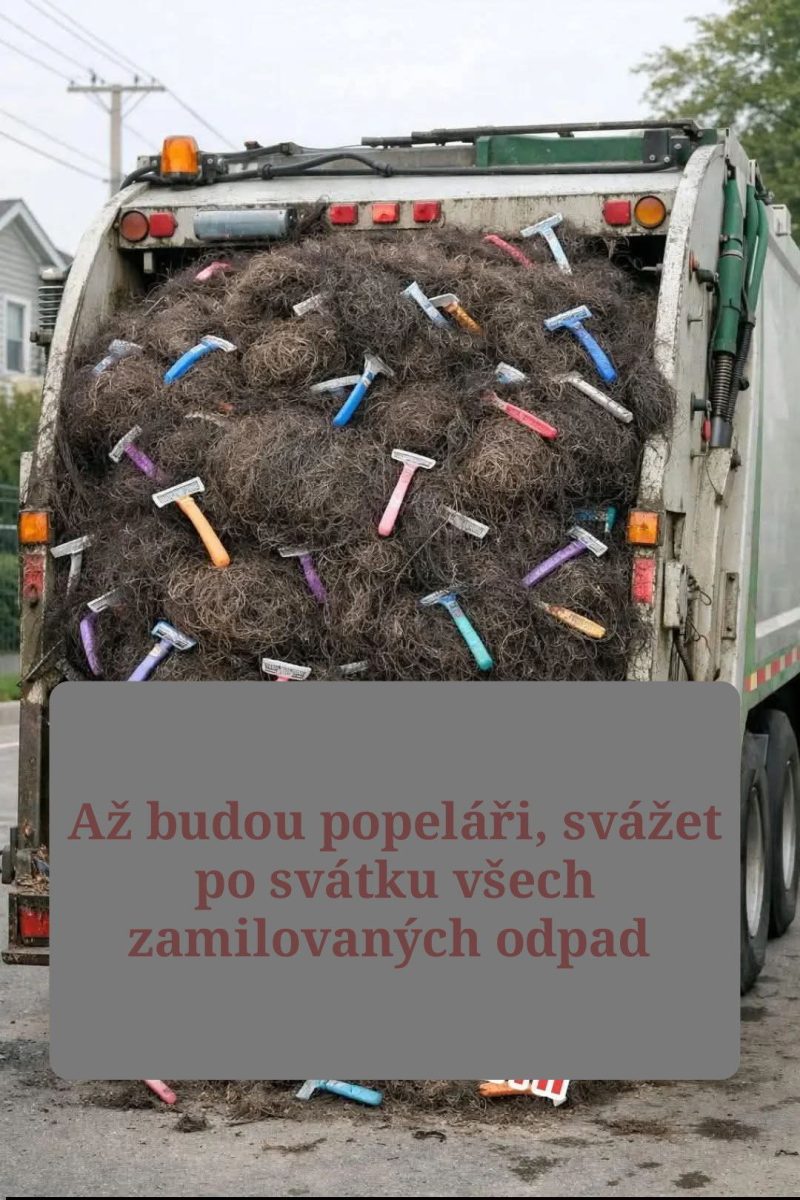 Smetiarske auto naložené hromadou vlasov a holiacich strojčekov ako netradičný náklad po Valentíne.