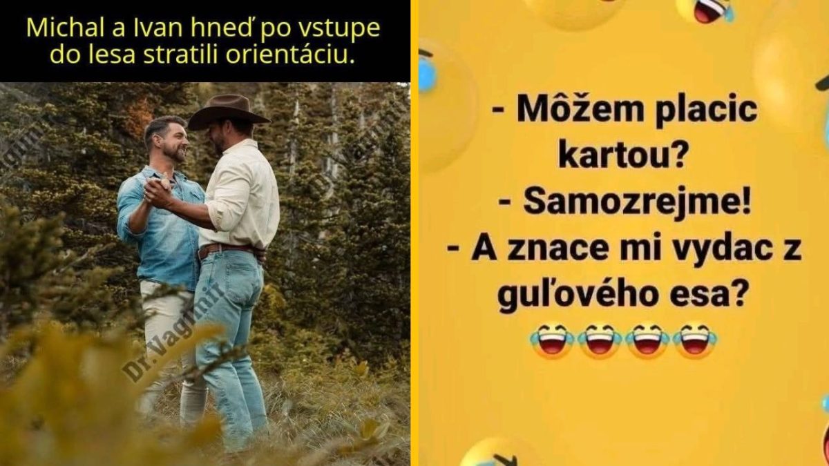 Dvaja muži tancujú v lese; vtipný text s otázkou o platbe kartou a vydaním z esa.