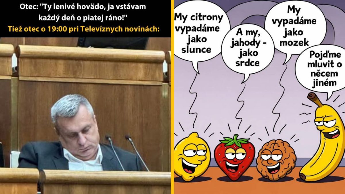 Otec zaspal pri televíznych novinách, zatiaľ čo ovocie a orechy diskutujú o svojom tvare s humorom.