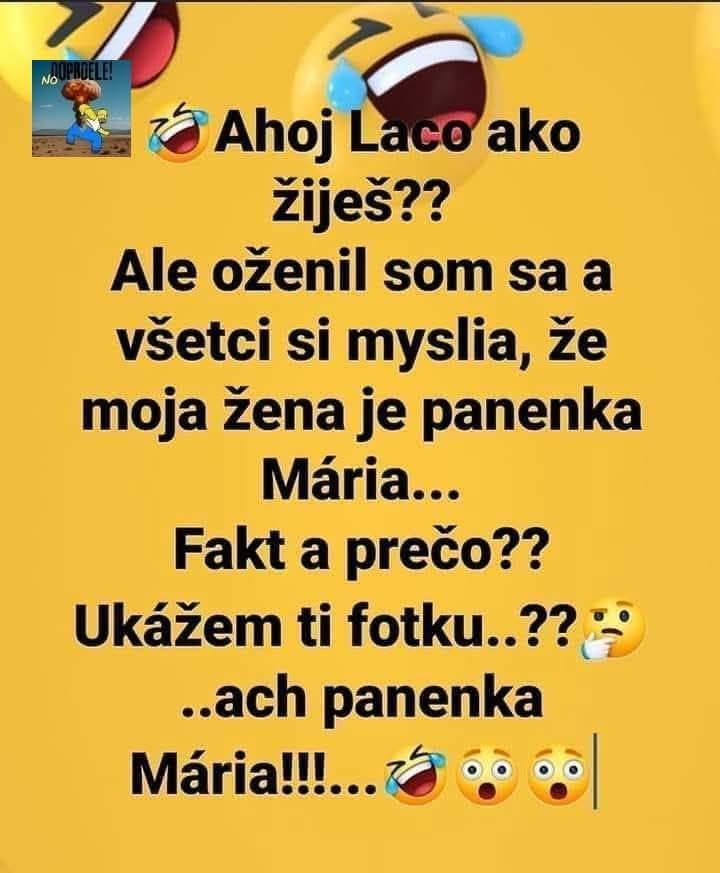 Obrázok s vtipným textom o ženách a reakciách, žlté pozadie, emoji smiechu a prekvapenia.