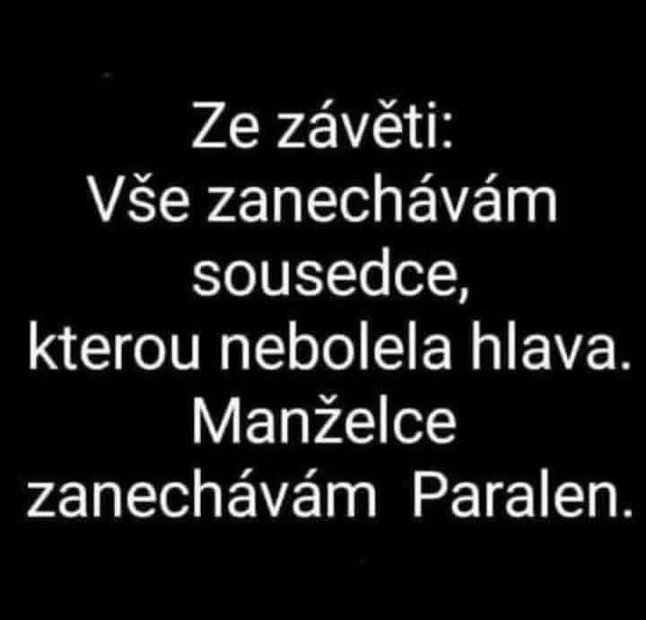 Čierny obrázok s vtipným textom o záveti a paracetamole pre manželku.
