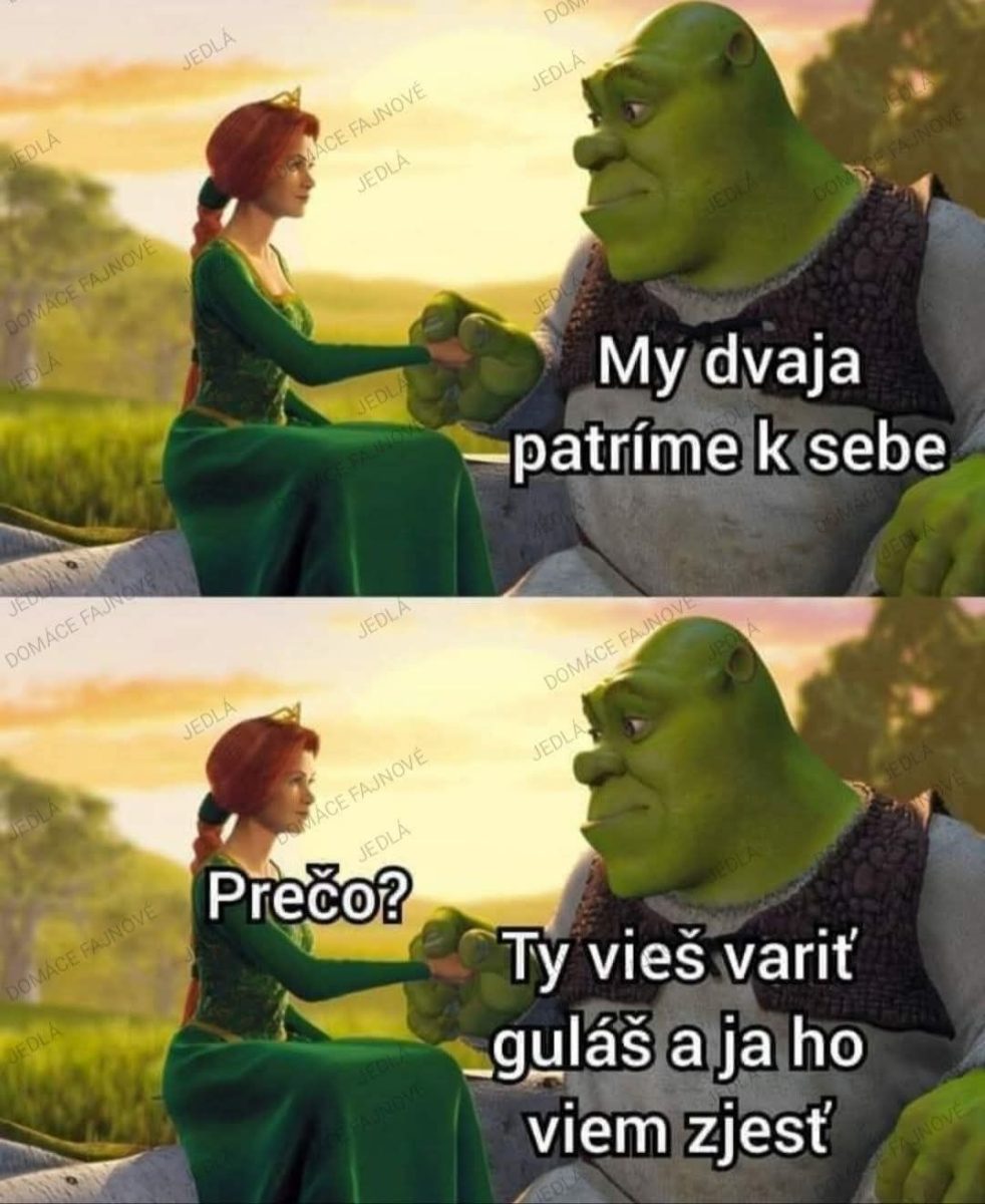 Animované postavy sa držiace za ruky s textom: My dvaja patríme k sebe... Ty vieš variť guláš a ja ho viem zjesť.